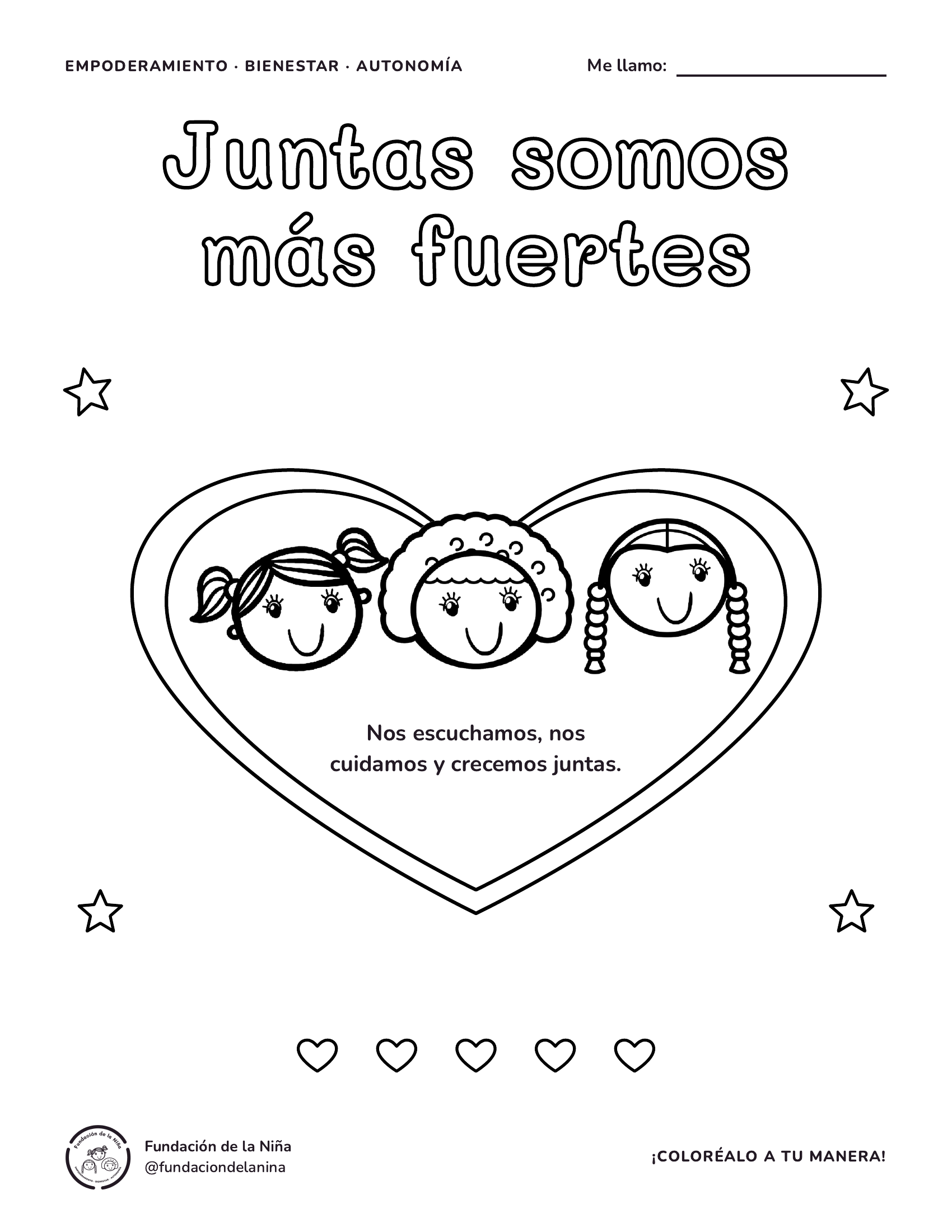 Página «Juntas somos más fuertes» del cuadernillo para colorear, con las tres niñas del logo