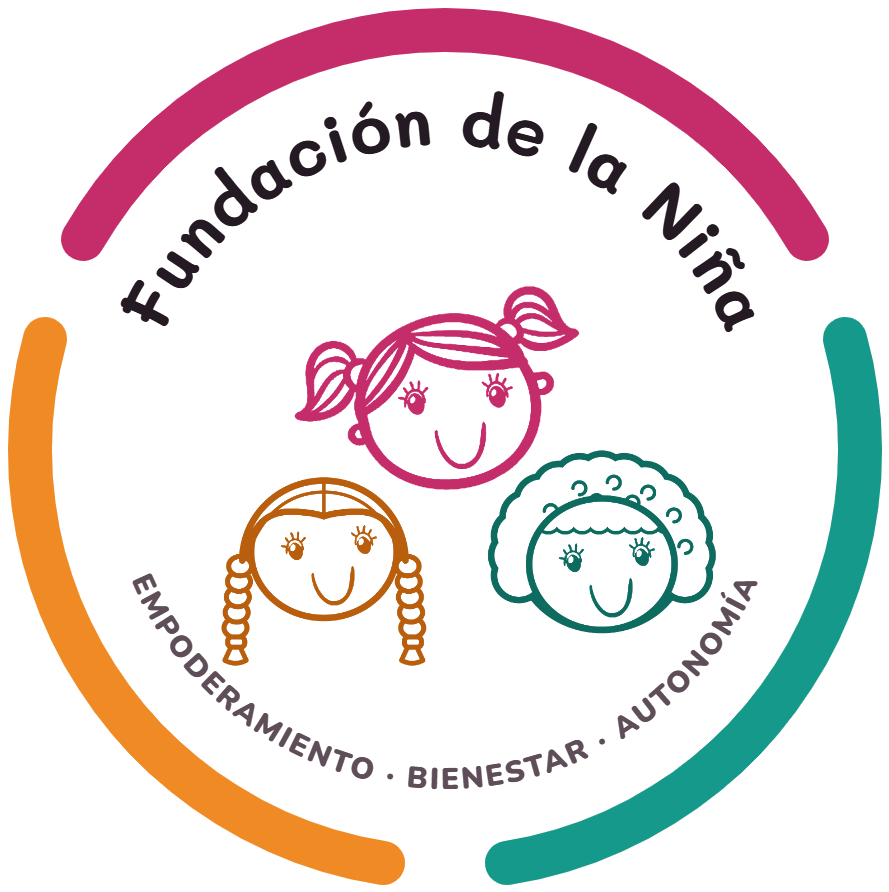 Sello de la Fundación de la Niña: tres niñas dentro de tres arcos de colores